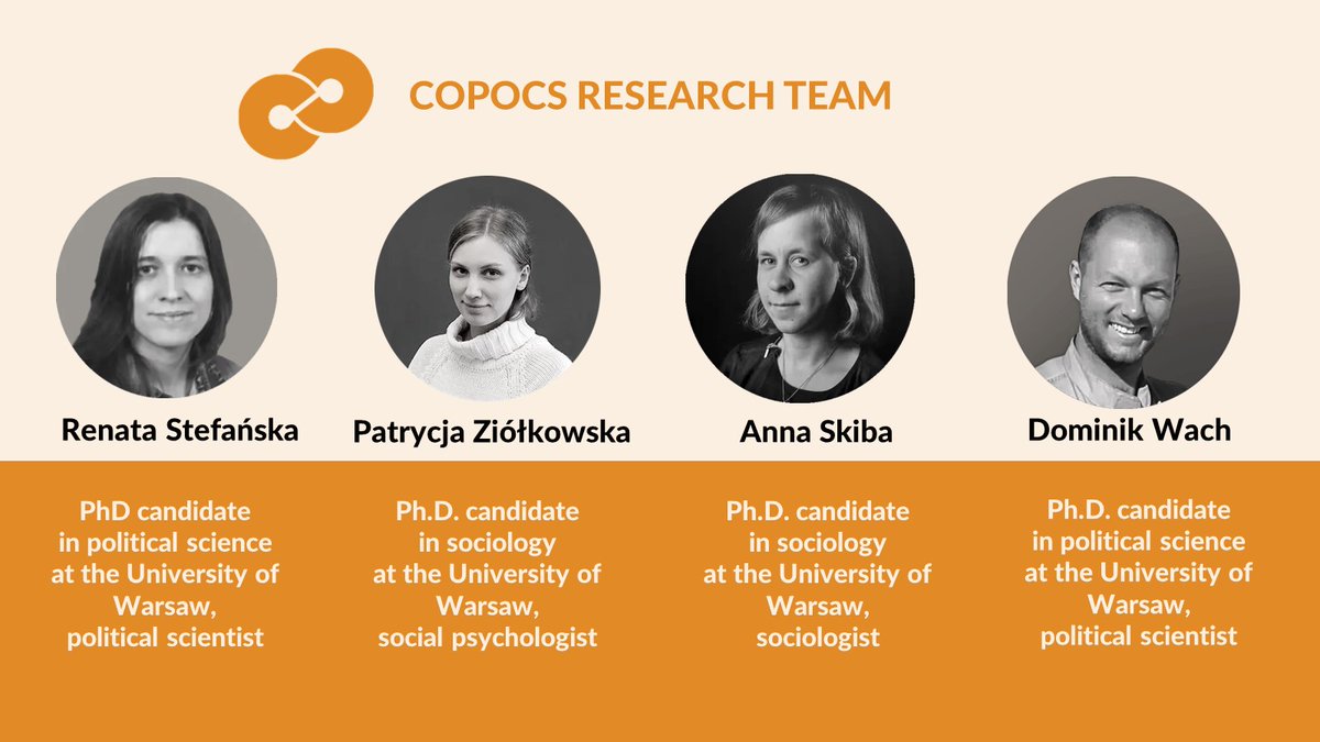 Wondering who is involved in the #COPOCSproject? 🤔
Today we would like to introduce the COPOCS research team: #RenataStefańska, <a href="/ziolkowska_p/">Patrycja Hryciuk-Ziółkowska</a>, <a href="/amskiba/">An Skiba</a>  and @dominik_wach 
About each person, you will find out more on our Website 👉 copocsproject.eu/people-involved