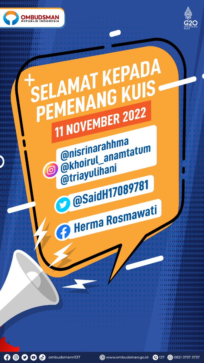 OmbudsmanRI137's tweet photo. #KuisOmbudsman sudah ditutup ya! 
Dan selamat kepada @SaidH17089781 😍 Yuk segera inbox mimin ya untuk klaim hadiahnya! https://t.co/RyIXEuv4fX