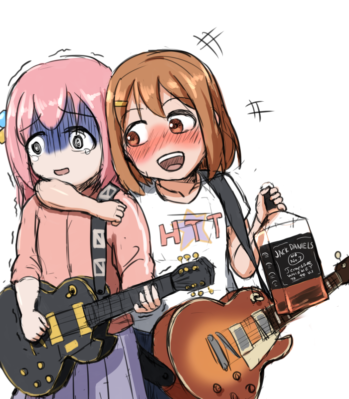 gotou hitori ,hirasawa yui multiple girls guitar 2girls instrument pink hair electric guitar gibson les paul  illustration images