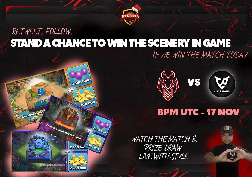 ⚔️GAME DAY + GIVEAWAY⚔️

@FireFiera week1 vs @classpeoplecoc 

Livestream by <a href="/Style_coc/">Style</a> 

🎁Giveaway🎁
For a chance to win all 3 sceneries:
• Follow us 
• Retweet this post 

Payment by PayPal