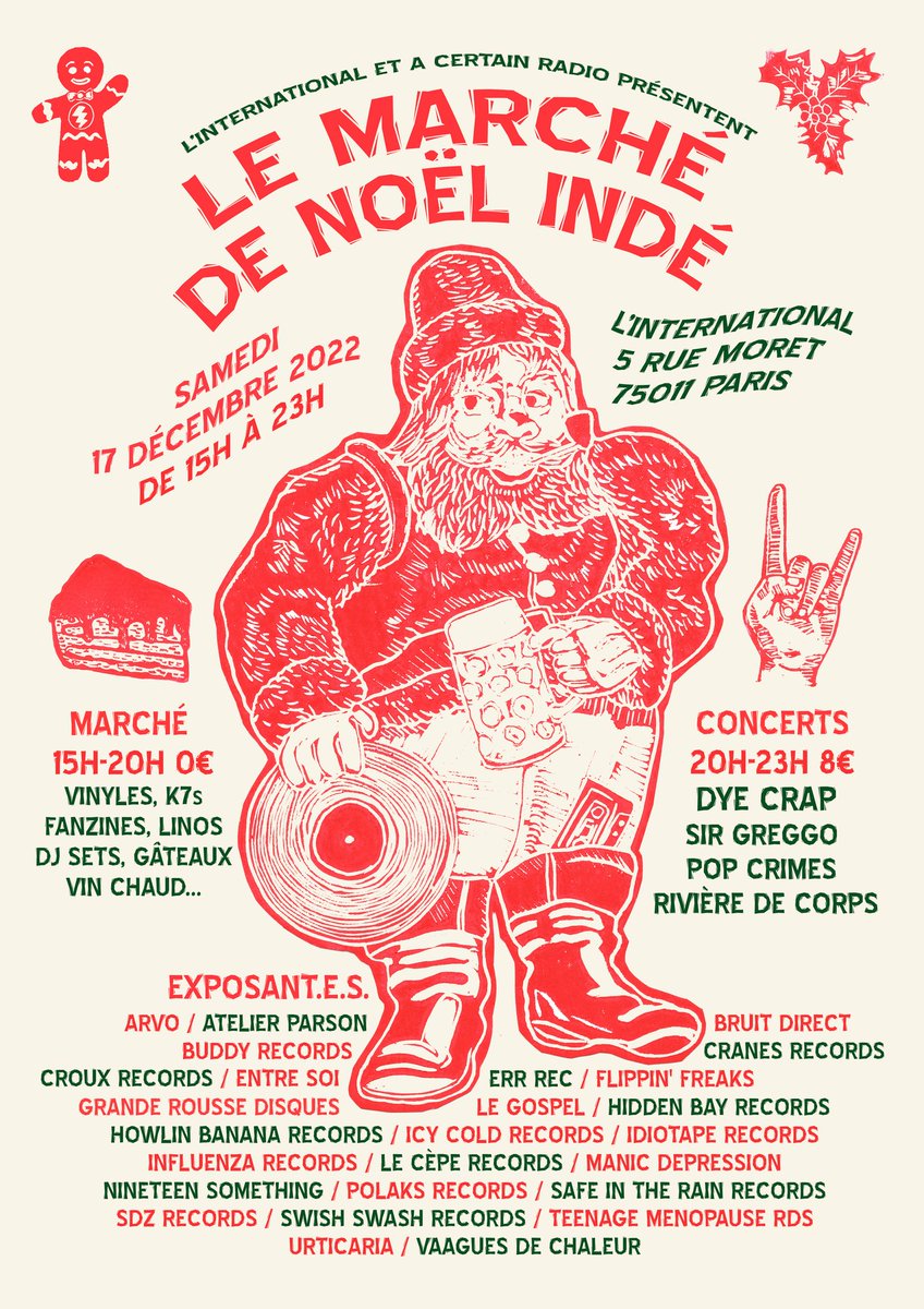 🎅 L’Inter, en partenariat avec <a href="/CertainRadio/">A Certain Radio</a> , instaure une nouvelle tradition de fin d’année : Le Marché de Noël Indé ! Stands de vinyles, CDs et K7s, linogravures, fanzines, DJ sets, vin chaud, concerts…  
🎄17.12 > fb.me/e/2o4WCdRHK
✨Visuel @remi_parson