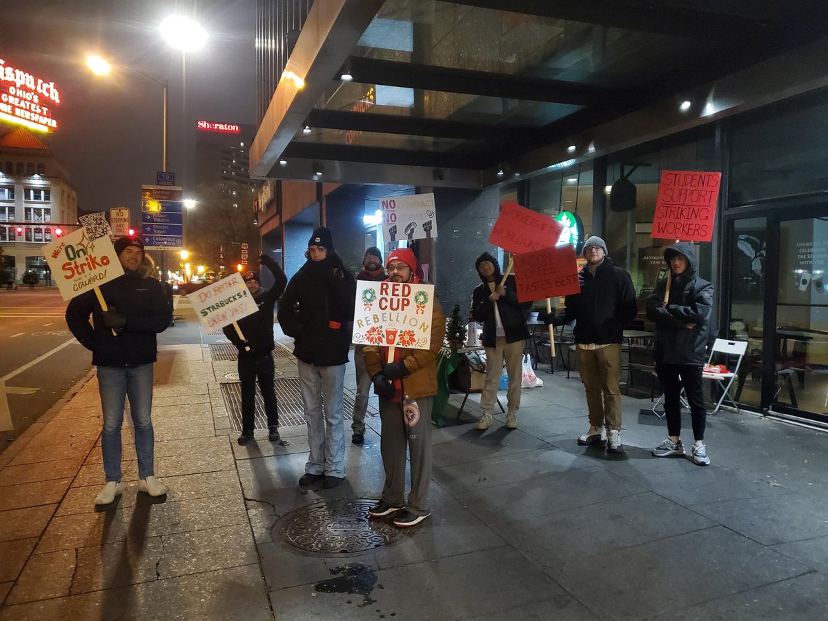 Starbucks workers at 88 E. Broad Street in Columbus are on strike today as part of #RedCupRebellion, a 100-store coordinated nationwide @SBWorkersUnited action! Join the picket line downtown until 5pm. I’ll be there this afternoon. #NoContractNoCoffee