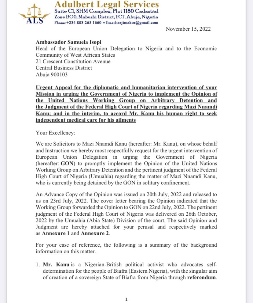 OkoroOkoroafor's tweet photo. “Kanu is gravely ill with 3 life-threatening conditions, namely a heart condition, hypertension &amp; low potassium levels. The Government of Nigeria has refused every request for an independent/specialist medical intervention for Kanu.” - Barrister @AloyEjimakor #FreeMaziNnamdiKanu https://t.co/JDIEJ5EggD