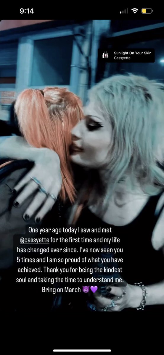 One year ago I saw and met <a href="/Cassyette/">𝕮𝖆𝖘𝖘𝖞𝖊𝖙𝖙𝖊</a> for the first time and my life has changed ever since. I’ve now seen you 5 times and I am so proud of what you’ve achieved. Thank you for being the kindest soul and taking the time to understand me. Bring on March 😈💜#cassyette #degenerettes
