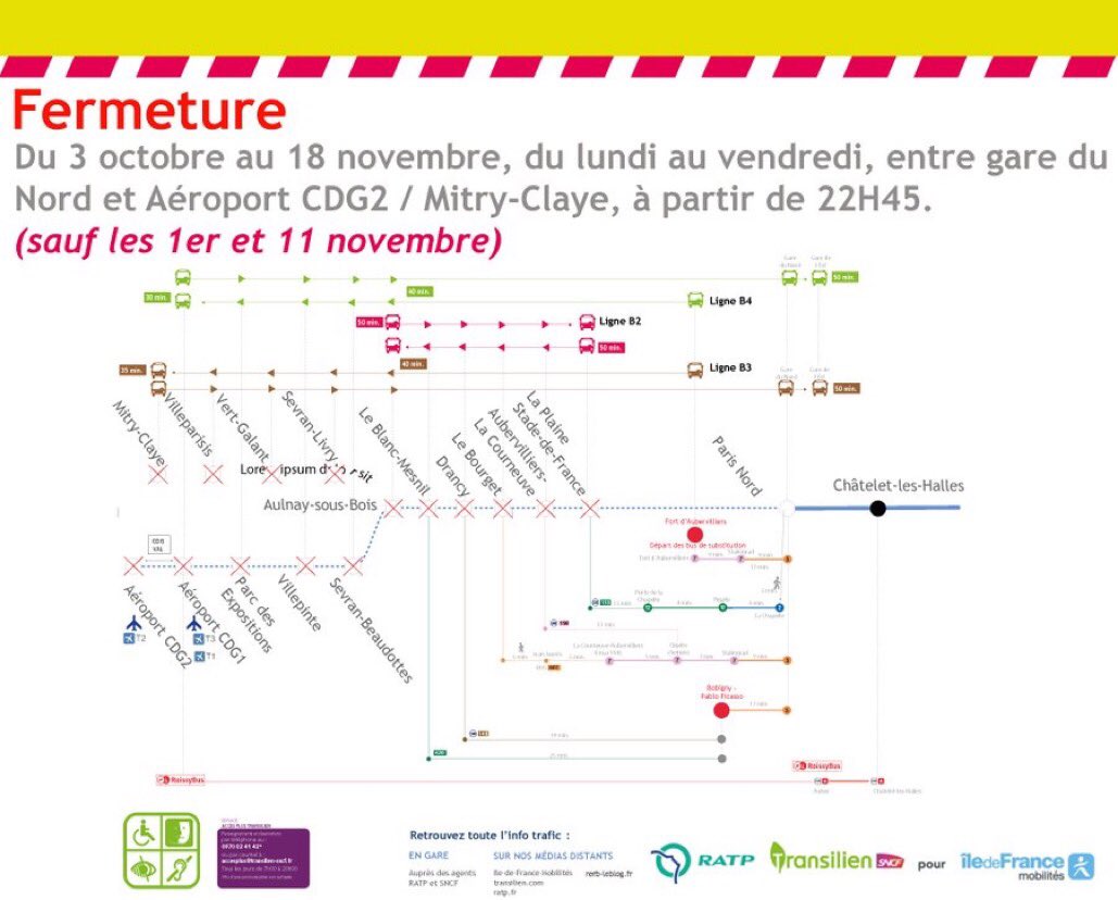 [#RAPPEL #TRAVAUX 🚧] Ce soir, à partir de 22h45, des travaux D’infrastructures de grande ampleur engendrent l’interruption des circulations #RERB entre Gare du Nord et l'Aéroport CDG 2 / Mitry-Claye. [1/3]
