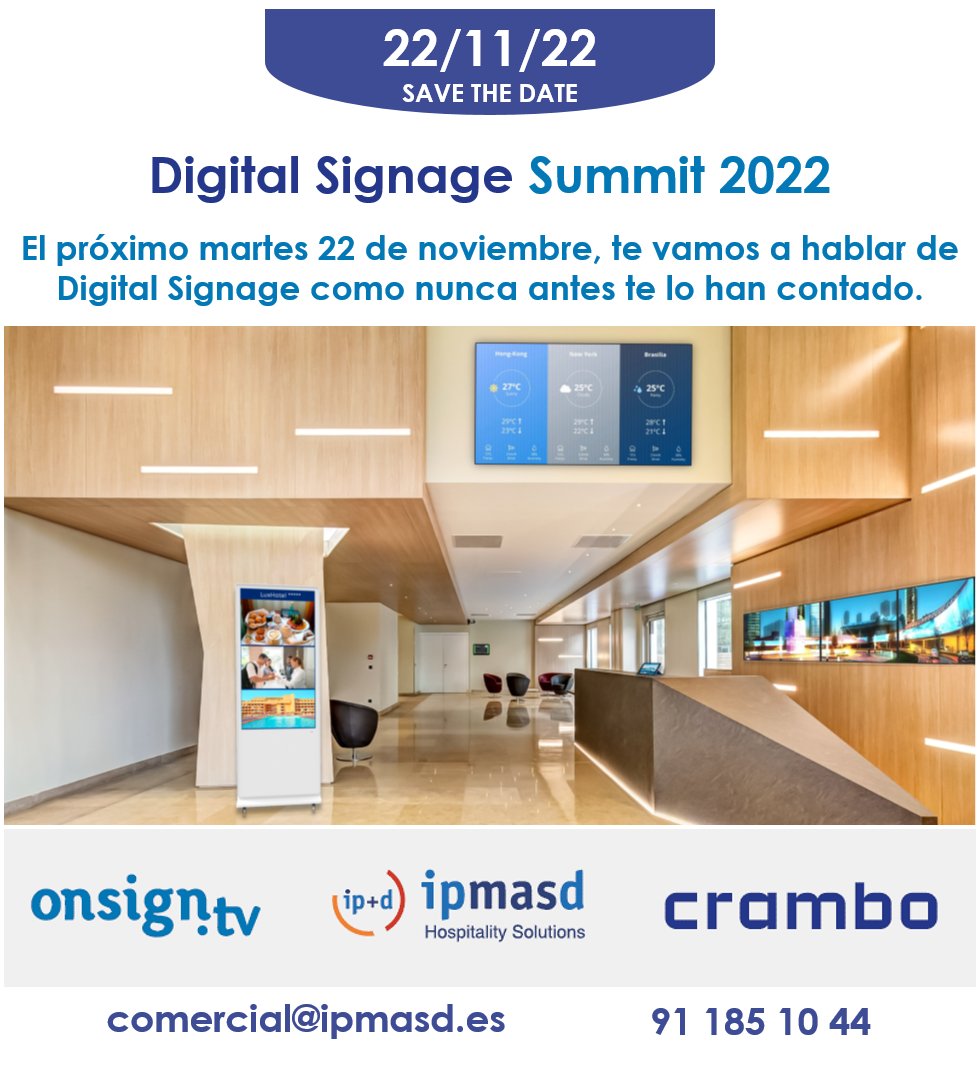 IPmasD_HS's tweet image. Aprovecha la tecnología para mejorar la comunicación con los clientes de tu hotel.

Te enseñamos cómo sacarle el máximo partido a las pantallas del hotel en cada momento.

Contacta con nosotros para conseguir tu invitación.

#DigitalSignageSummit2022 #CarteleríaDigital #hoteles