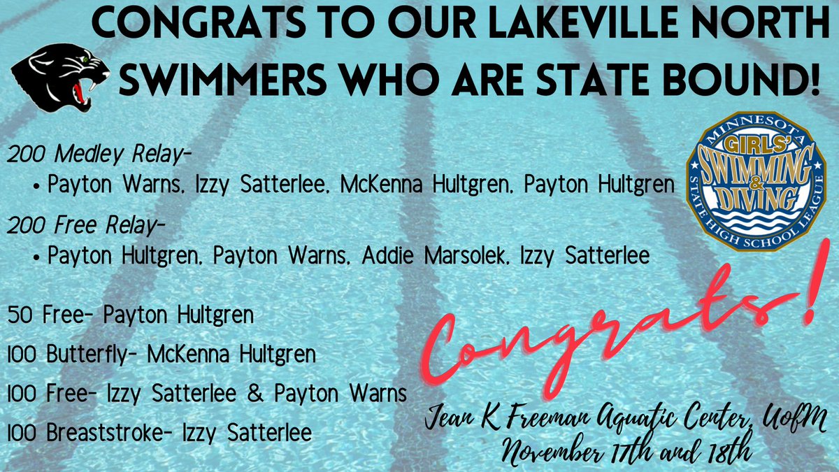 Lakeville North High School (@lnhs_panthers) on Twitter photo Good luck to Girls Swim & Dive, who will be competing at STATE tonight & tomorrow!
6pm, Jean K Freeman Aquatic Center (UofM)
Spectator Guide: ow.ly/ZxPq50LCJvA
Tickets: ow.ly/I72850LCJvy
LiveStream: ow.ly/z52y50LCJvz
Good luck, <a href="/SwimLnhs/">LN Girls Swimming and Diving</a>! Good luck to Girls Swim & Dive, who will be competing at STATE tonight & tomorrow!
6pm, Jean K Freeman Aquatic Center (UofM)
Spectator Guide: ow.ly/ZxPq50LCJvA
Tickets: ow.ly/I72850LCJvy
LiveStream: ow.ly/z52y50LCJvz
Good luck, <a href="/SwimLnhs/">LN Girls Swimming and Diving</a>!