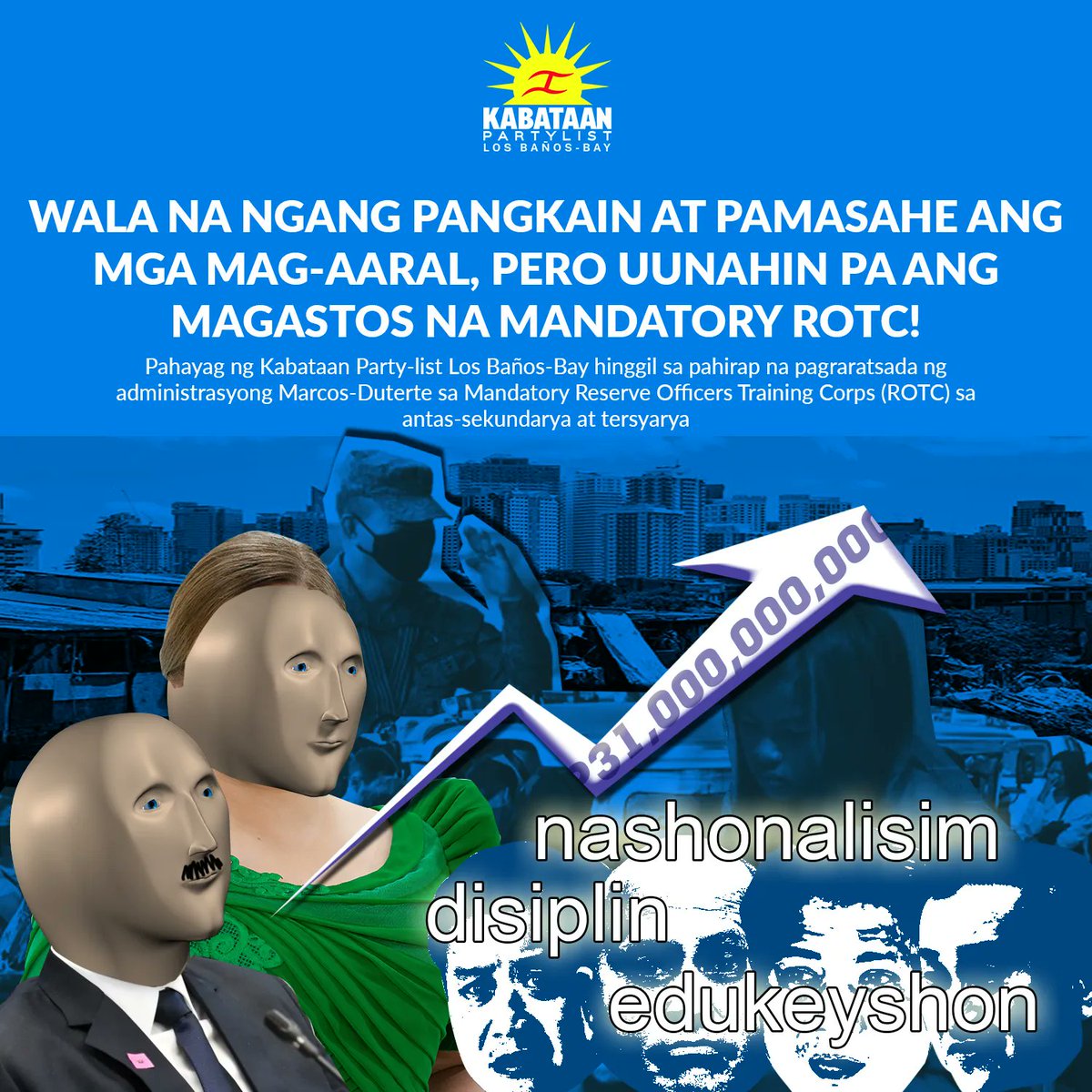 WALA NA NGANG PANGKAIN AT PAMASAHE ANG MGA MAG–AARAL, UUNAHIN PA ANG MAGASTOS NA MROTC!

Pahayag ng Kabataan Party-list Los Baños–Bay hinggil sa pahirap na pagratsada ng administrasyong Marcos–Duterte sa MROTC sa antas-sekundarya at tersyarya.

#NoToMROTC
#LigtasNaBalikEskwela