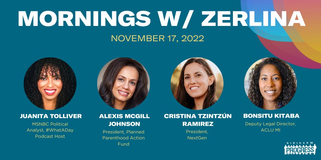 ZerlinaMornings's tweet photo. Hello Thursday! Joining guest host @JuanitaTolliver on the show this morning: @PPact President &amp; @PPFA President and CEO @alexismcgill, @NextGenAmerica President @cristinanextgen, + @ACLUofMichigan Deputy Legal Director @BonsituK!

📻@SXMProgress Ch. 127
https://t.co/vD1aZYcqW5 https://t.co/xl0zR6dYNv
