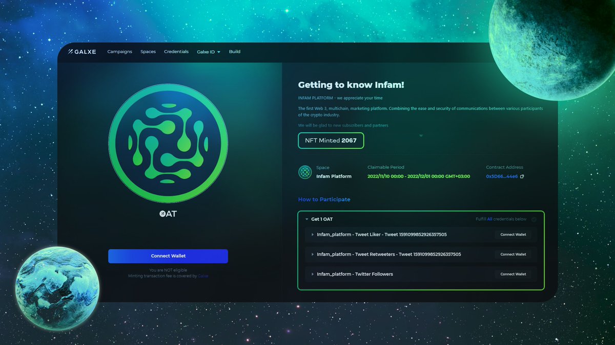 Infam_platform's tweet photo. Infam just appeared on @Galxe . The first #NFT #OAT stickers have already been minted 2000+ times 🤯
Complete simple tasks before December 1 and get them too!
https://t.co/e5JPAi2DoA #NFTs #cryptoboxcode #NFTCommumity #Airdrops https://t.co/sr1WTHYzDd