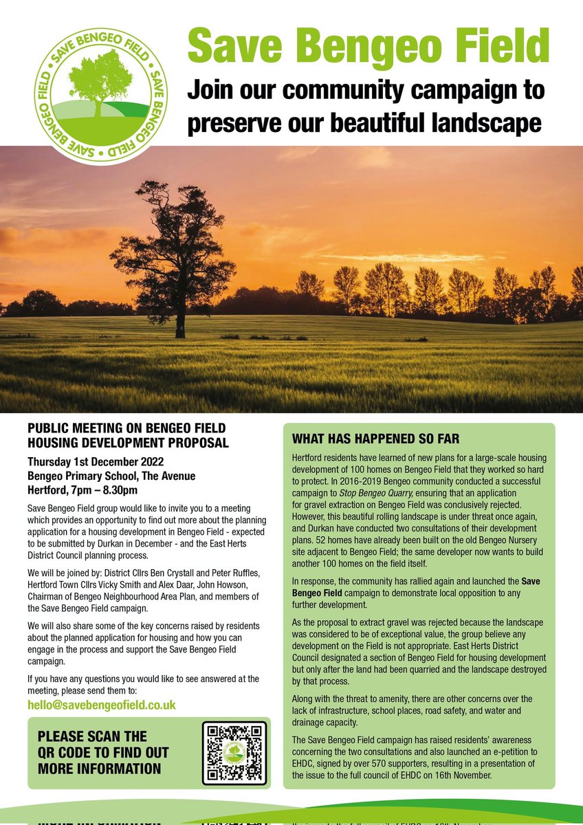 The Save Bengeo Field campaign will be holding a public meeting to let you know what's going on and what you can do to help.
1st December at Bengeo Primary School, 7:00-8:30 pm.