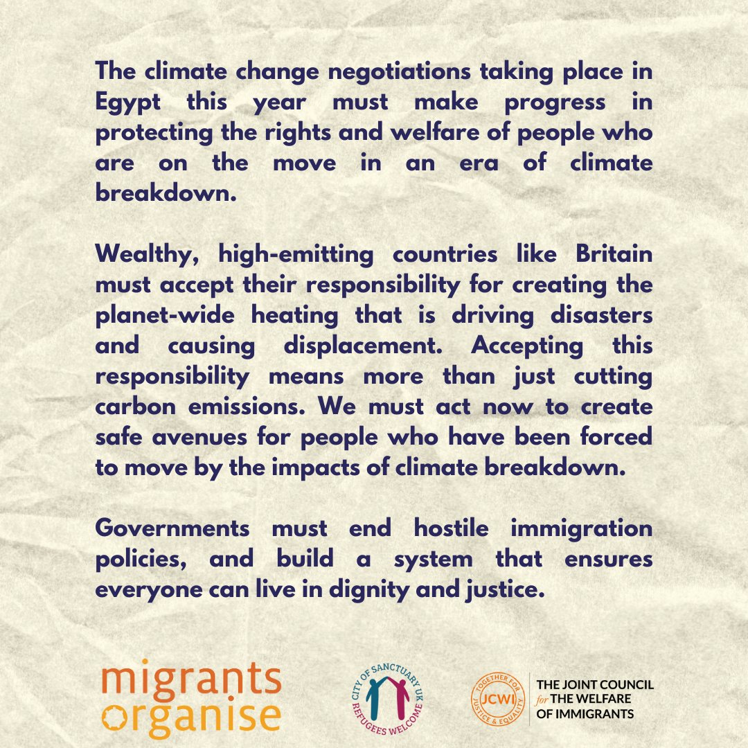 Today, we as migrants’ rights organisations are issuing an urgent call to world leaders gathered for #COP27. As the impacts of climate crisis accelerate, people will need to move to find safety. And when they do, they must be met with welcome and solidarity not with fences.