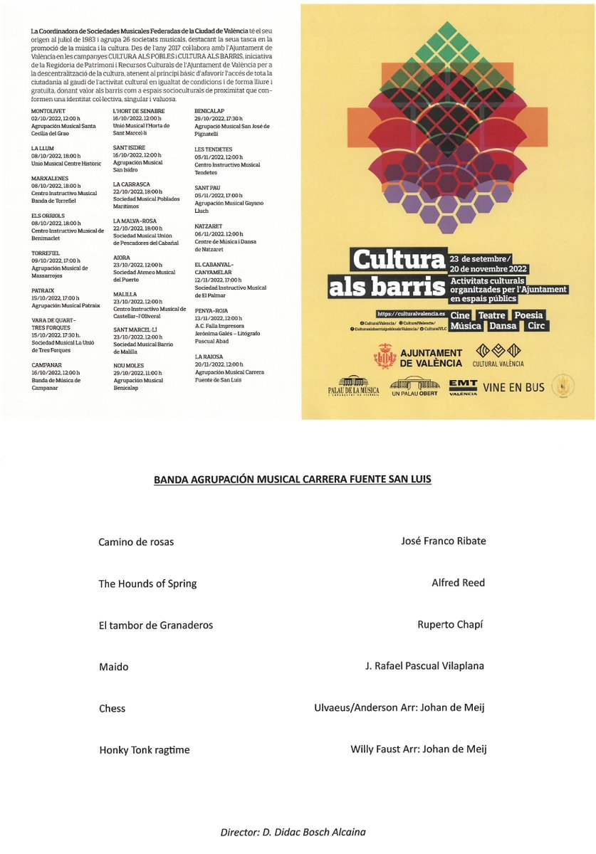 ‼️ Próximas actuaciones

1⃣ Sábado 19, 19:00 h: concierto de #SantaCecilia en el casal de <a href="/FallaSurWaksman/">Falla Sur-Rubén Vela</a> (goo.gl/maps/zXAykUuFK…).

2⃣ Domingo 20, 12:00 h: cierre de @CulturaBarris (<a href="/AjuntamentVLC/">Ajuntament València</a>, <a href="/cosomuval/">La Coordinadora</a>) en el Parque de la Estacioneta de Jesús (goo.gl/maps/dgV1kRjNW…).