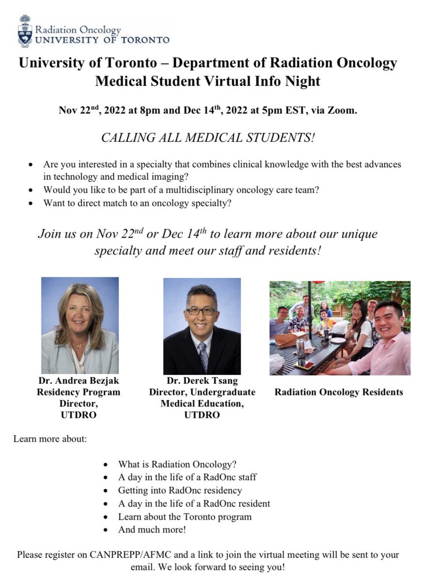 Hi #medstudents! #CaRMS is approaching &amp; we’re having info nights re: the <a href="/UofTDRO/">Radiation Oncology</a> #RadOnc #PGME residency program. <a href="/pmcancercentre/">Princess Margaret Cancer Centre</a> <a href="/Sunnybrook/">Sunnybrook Health Sciences Centre</a> 

Join us Nov 22nd @ 8 pm EST or Dec 14th @ 5 pm EST to hear from <a href="/DrBezjakRO/">Andrea Bezjak</a> <a href="/detsang/">Derek Tsang</a> <a href="/safaviaa/">Amir Safavi</a> &amp; more!

Register @ @AFMC_e CANPREPP