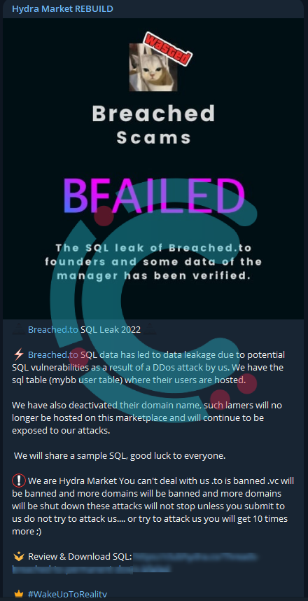 cyberthint's tweet photo. The #Breached(.)to forum was hacked by #ClubHydra.
ClubhHydra announced that as a result of the attack, they disabled the relevant domain name and #leaked the Mybb user (SQL) table. https://t.co/Q0n3lrxSKY