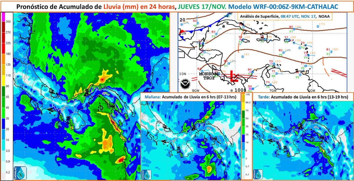 servir_cathalac's tweet photo. Pronóstico de Acumulado de Lluvia (mm) en 24 horas para hoy JUEVES 17/NOV (izq.). Eje de la VAGUADA DEL MONZÓN y centro de BAJA PRESIÓN continúan manteniendo la convección y lluvias abundantes en aguas adyacente al Caribe de Panamá. Para hoy, se esperan LLUVIAS FUERTES entre https://t.co/b4oBDyMG4I