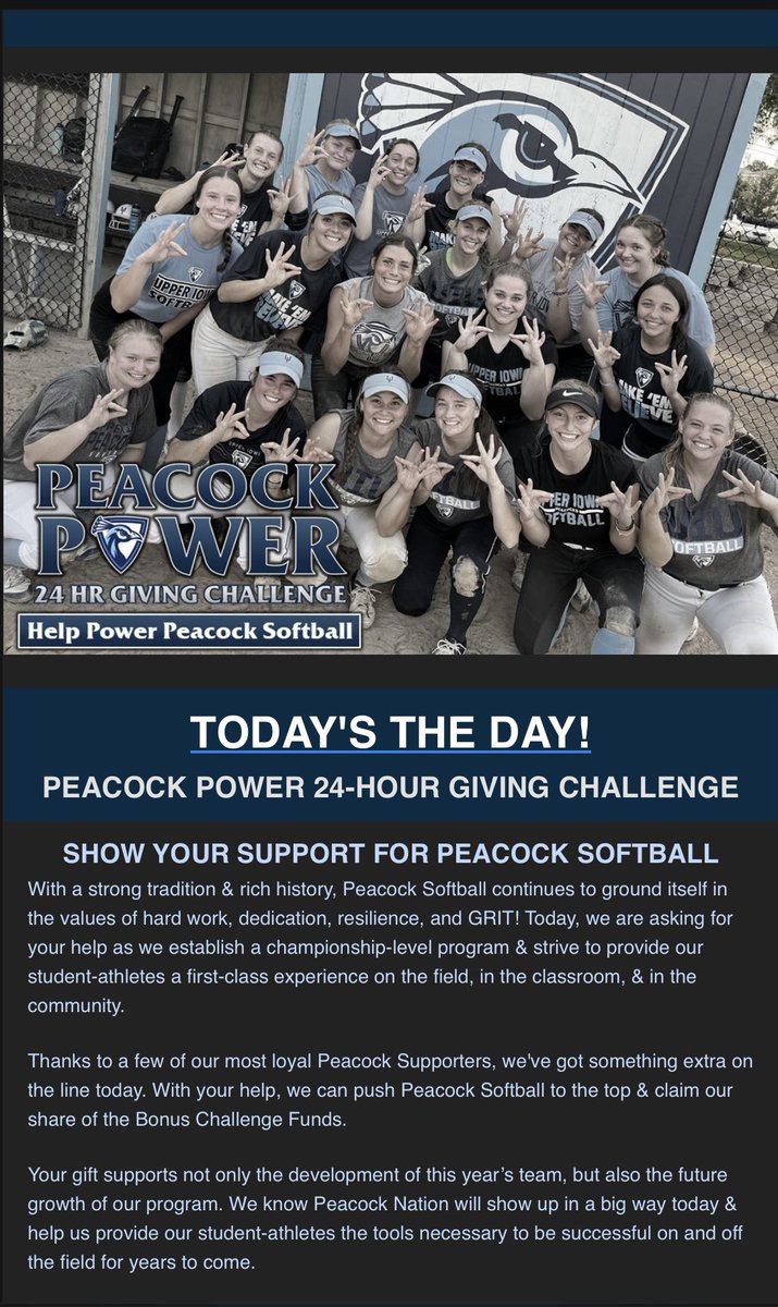 TODAY’S THE DAY! 

bit.ly/peacockpowersb 

Donate NOW! 

#PeacockPower 

🦚🥎💙🤍💰