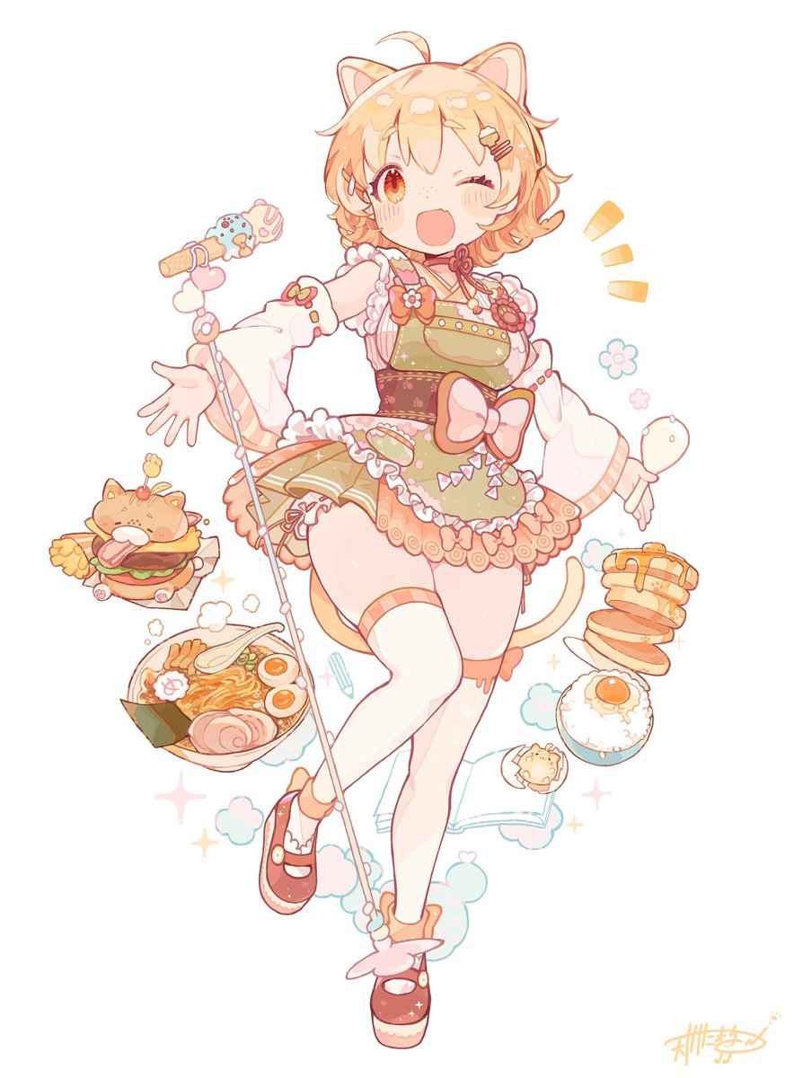 1girl animal ears food one eye closed cat ears solo egg (food)  illustration images