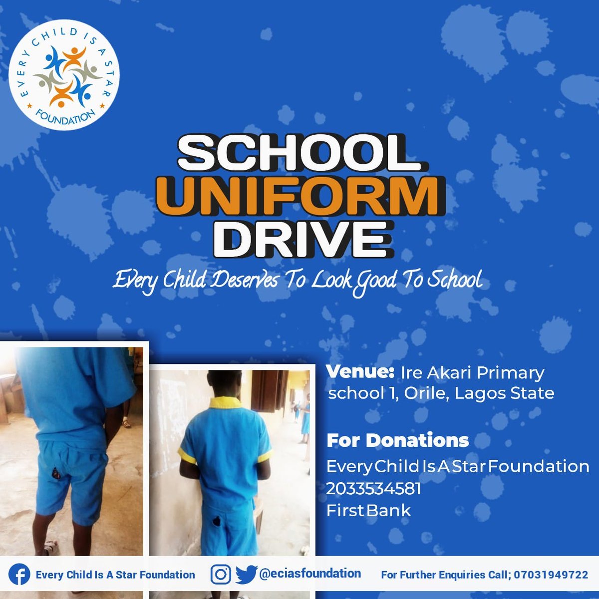 eciasfoundation's tweet photo. Our Lagos team will be at Ire Akari Primary School 1, Orile for the school uniform drive. We will be reaching out to underserved students in the school. 
Every Child Deserves to look good to school.

#school #schooluniformdrive #eciasfoundation https://t.co/y80EIP4gc6