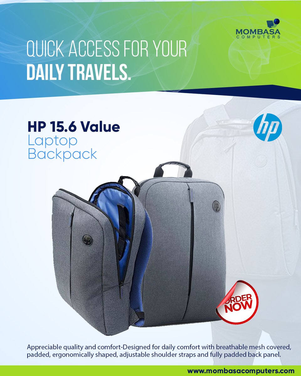 For the upwardly mobile and vibrant who work on the road or the random trips and need to carry their laptop, #HP has the perfect backpack for this task. With adjustable shoulder straps which are fully padded be sure of a comfortable and safe journey with this 15.6" value backpack