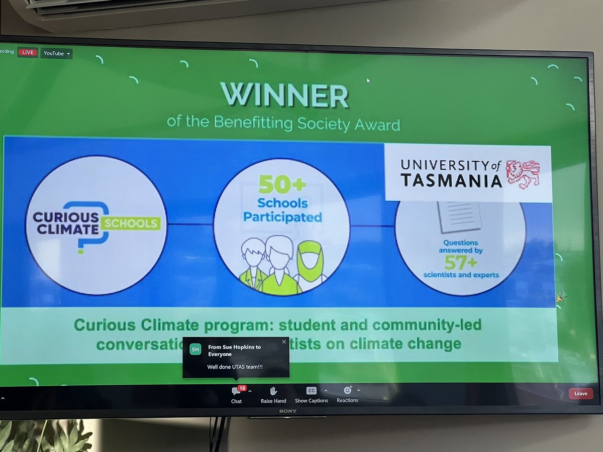 GrettaPecl's tweet photo. Woohoo! Congrats to the whole Curious Climate team for their @greengowns award in the ‘Benefiting Society’ category! 

@CMS_UTas @IMASUTAS @Sciences_UTAS @UTAS_ https://t.co/FeywZTZidY
