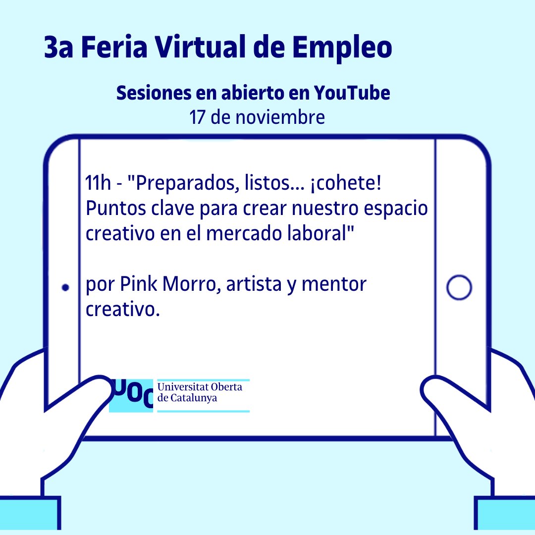UOC Estudis InfoCom (@uocinfocom) on Twitter photo HOY⚠️💼#FiraOcupacióUOC
¿Eres creativo y necesitas tips?
🕑11h
💡Puntos clave para crear tu espacio creativo en el mercado laboral por <a href="/pinkmorro/">Pink Morro</a>
👥¡Moderado por <a href="/llucmassaguer/">llucmassaguer</a> de los Estudios!
🔗📹ow.ly/loE550LFx6Z HOY⚠️💼#FiraOcupacióUOC
¿Eres creativo y necesitas tips?
🕑11h
💡Puntos clave para crear tu espacio creativo en el mercado laboral por <a href="/pinkmorro/">Pink Morro</a>
👥¡Moderado por <a href="/llucmassaguer/">llucmassaguer</a> de los Estudios!
🔗📹ow.ly/loE550LFx6Z
