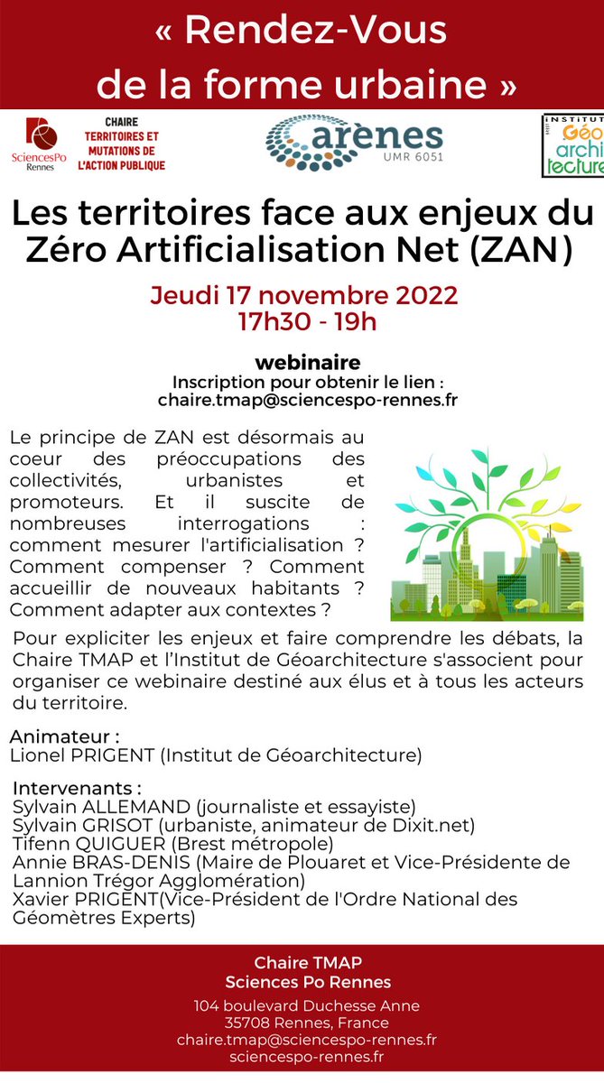 📢Ce soir 17h30-19h, webinaire organisé par <a href="/SPRchaireTMAP/">Chaire TMAP</a> et <a href="/geoarchi/">Institut de Géoarchi</a> sur "les territoires face aux enjeux du Zéro Artificialisation Net (ZAN)". Animation Lionel Prigent avec introduction de <a href="/Rpasquie/">Romain Pasquier</a> 
👉 Inscription pour obtenir le lien : chaire.tmap@sciencespo-rennes.fr