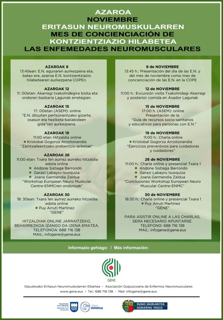 Federacion_ASEM's tweet photo. 📢Charla “Ejercicios preventivos para cuidadoras y cuidadores”
Kristobal Gogorza Arroitonandia dará esta charla organizada por Asociación de Enfermos #Neuromusculares de Gipuzkoa.
📅19 Nov
🕒11h
💻 Online
👉Para más información, contacta: infogene@gene.eus
#15N #CapacesContigo https://t.co/hBXiLPj9xg