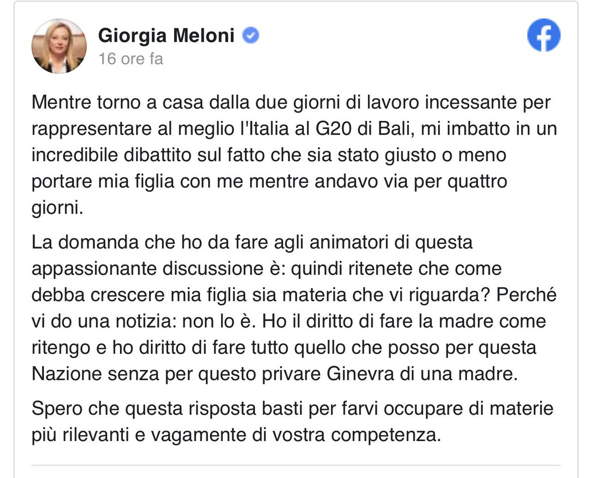 stanzaselvaggia's tweet photo. La storia che Giorgia Meloni sia stata duramente attaccata per aver portato la figlia al G20 è falsa. Lei usa il vittimismo come propaganda contro la sinistra da tempo, e vedo che funziona perché nessuno le dice un semplice: ma tolti i soliti 4 gatti, chi l’avrebbe crocifissa? https://t.co/Ml9rzIp4fQ