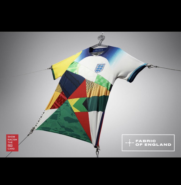 Marcuswriterman's tweet image. A jersey of the heritage nations that make up the English team. Provocative idea from my colleagues in McCann London #ShowRacismTheRedCard
