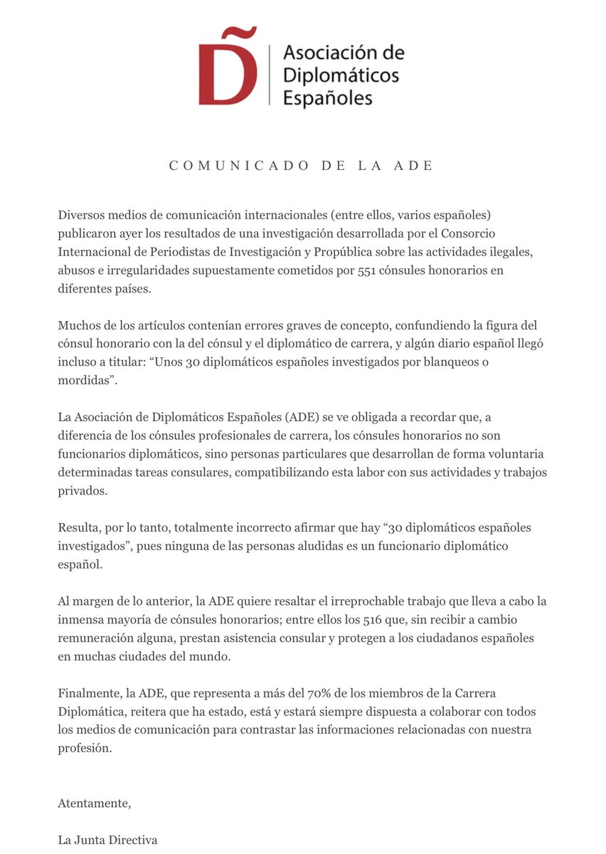 Comunicado de la ADE en relación a los artículos recientes sobre cónsules honorarios 👇