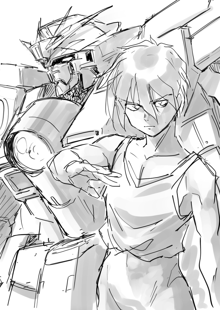 仕事が忙しめなので、キャラ描こうとしつつ背後にMS添えたけど描く気力を失ったラフ見て… 