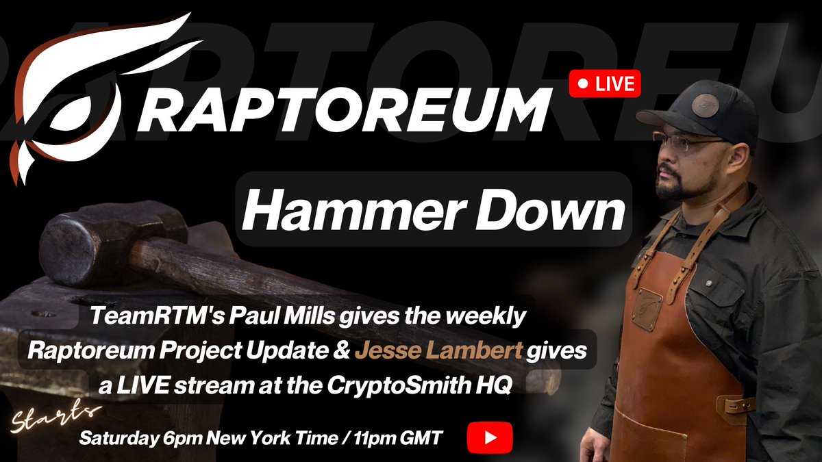 RaptoreumCZ's tweet image. 📡Nepropásněte #Raptoreum/#CryptoSmith živý stream v sobotu s názvem: 
Hammed Down🔨

🔸Paul Mills poskytne RTM update 

🔸Jesse bude pracovat na $RTM #Bitknives čepeli a poté vyrobí něco cool pro jednoho štastlivce z řad sledujících 🪶

🟩youtube.com/watch?v=1YN1Xh…