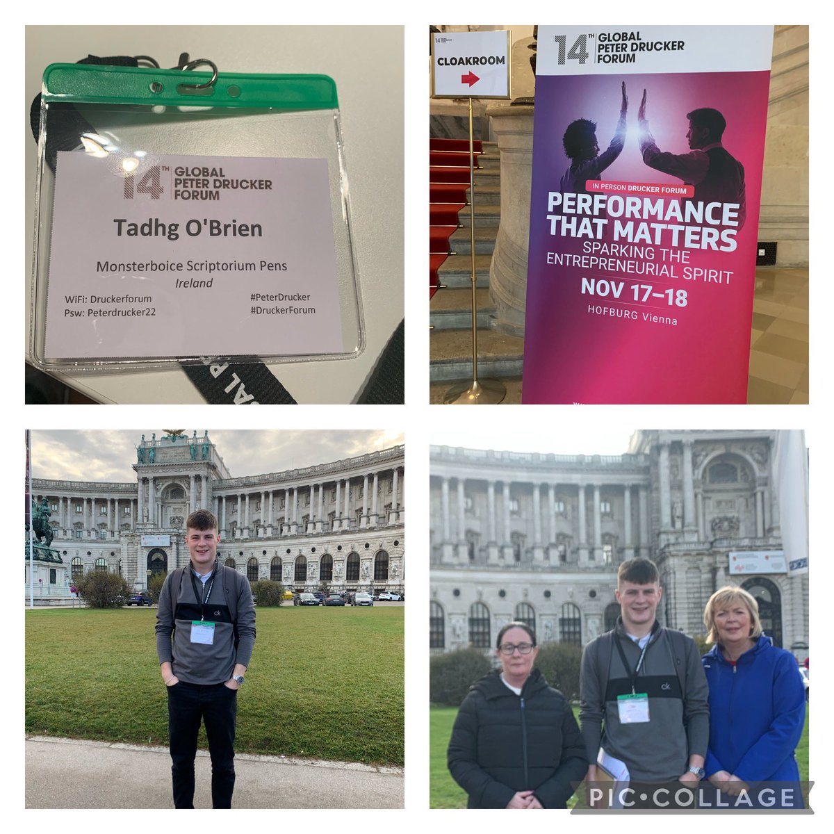 🇦🇹Tadhg O’Brien is attending The Peter Drucker Global Business Forum in Hofburg Palace Vienna. He was awarded this scholarship for winning Gold in The European Youth Start competition last June with his company Monasterboice Scriptorium Pens. <a href="/Foroige/">Foróige</a> #nfte #enterprise