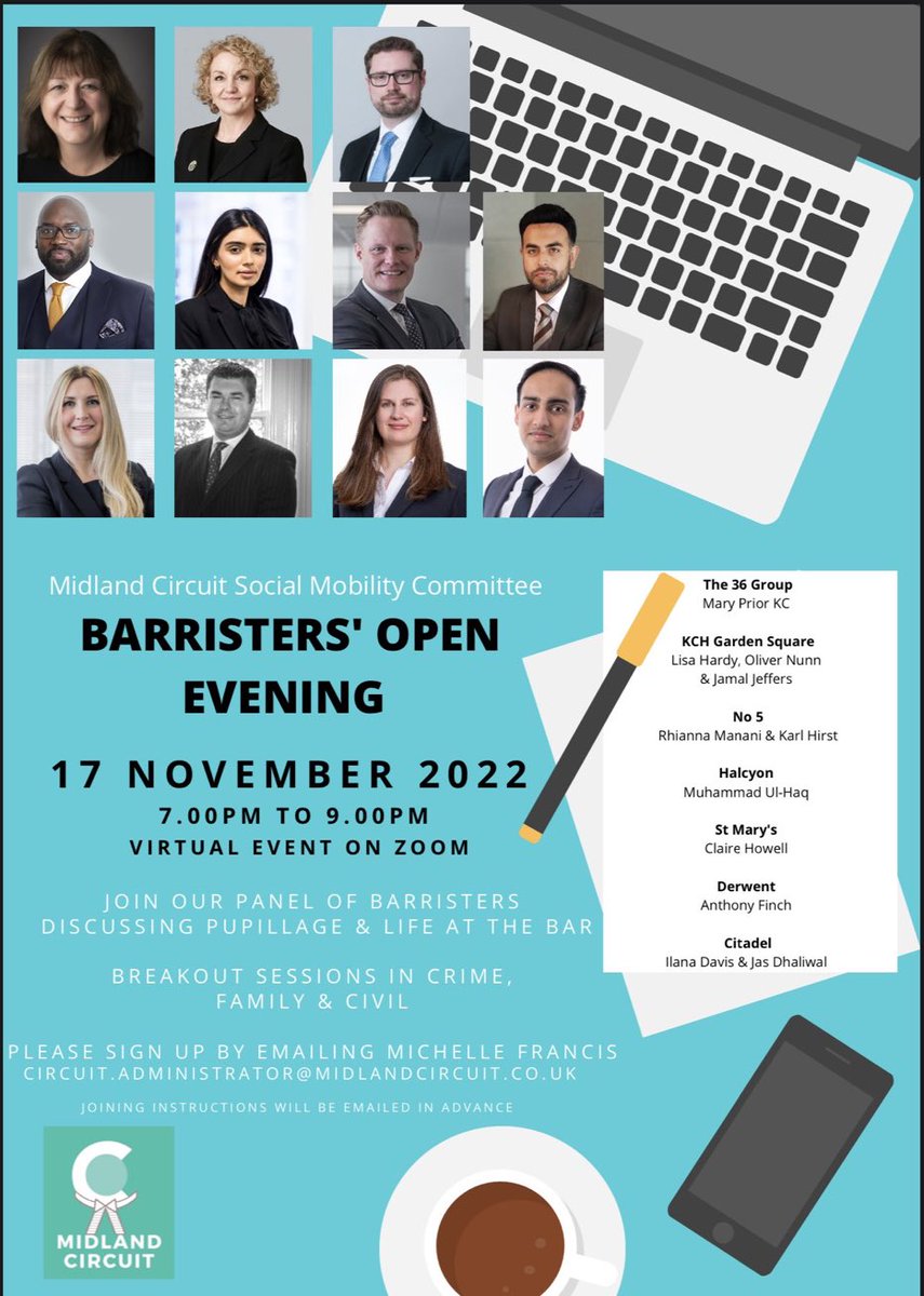 Midland Circuit Social Mobility Committee (@barforall) on Twitter photo Come and join us tonight.
🗓️17th November. *tonight*
⏰19:00
Sign up by emailing the circuit administrator circuit.administrator@midlandcircuit.co.uk Come and join us tonight.
🗓️17th November. *tonight*
⏰19:00
Sign up by emailing the circuit administrator circuit.administrator@midlandcircuit.co.uk
