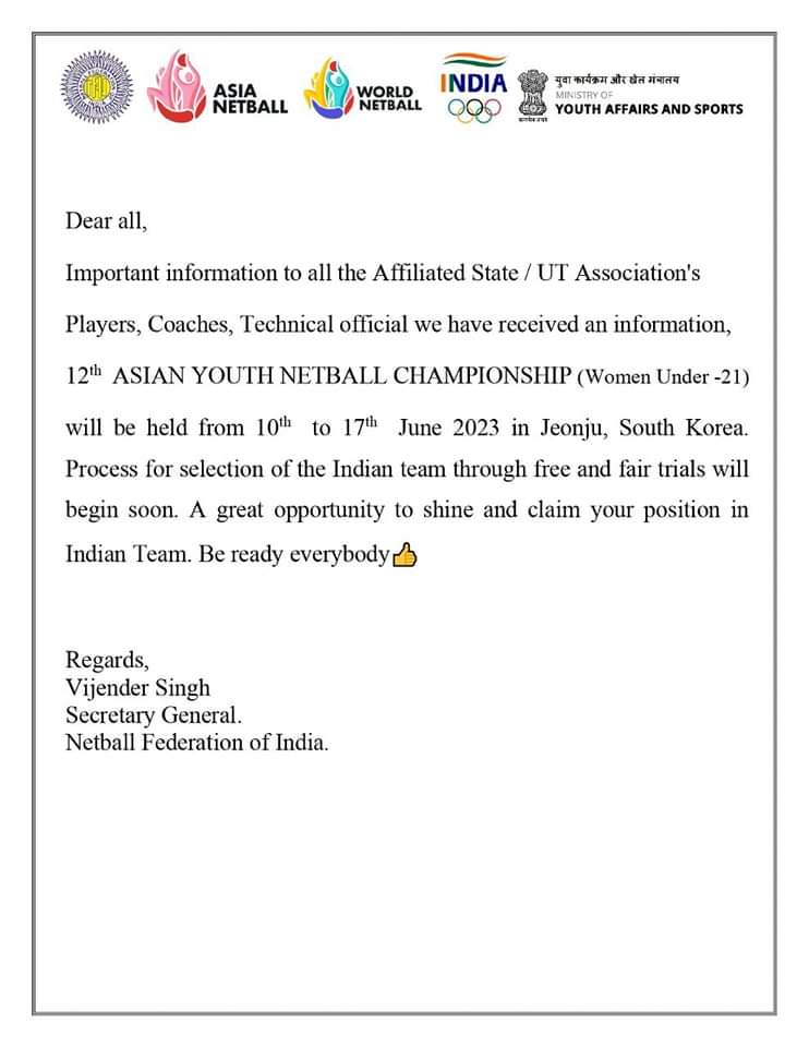 upnetball's tweet photo. Dear all,
Important information on International Netball Tournament
#netball #worldnetball #asiannetball #coscoindia #asianyouthnetball https://t.co/skWamVJSrK