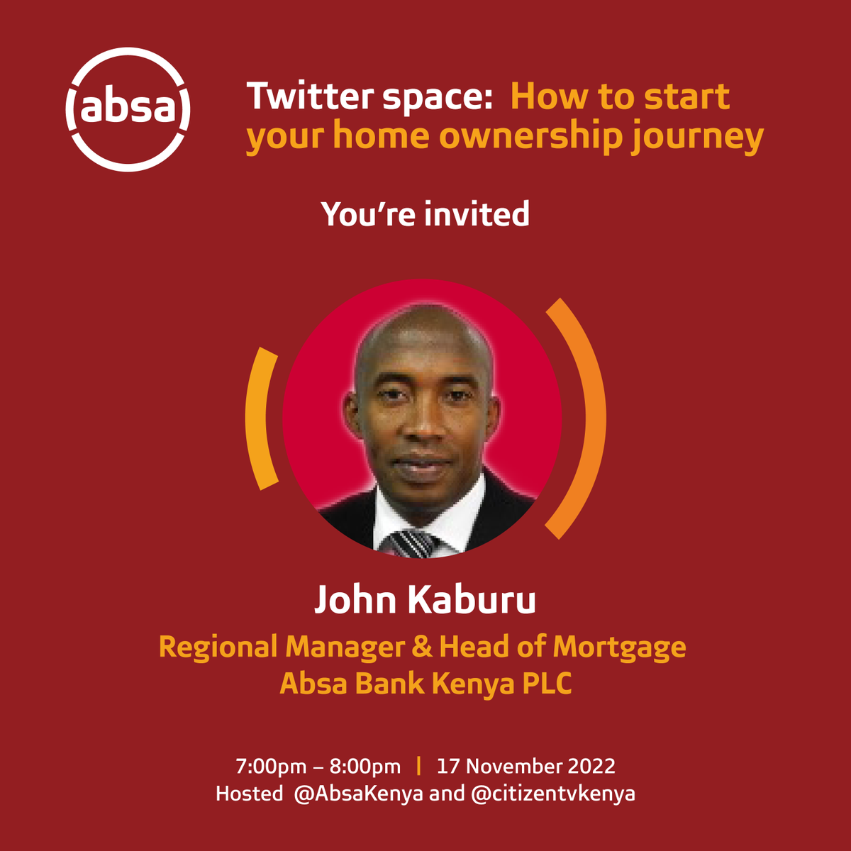 AbsaKenya's tweet photo. .@john_kaburu, our Head of Mortgage will be telling you all about mortgage as a means of owning your home. Join the #AbsaHomeOwnershipSpace with @citizentvkenya and learn how simple it is to start your home ownership journey. https://t.co/Eh8yrxsmoN
#HomeOwnership #AbsaHomeLoans https://t.co/UdI1KDw8n2