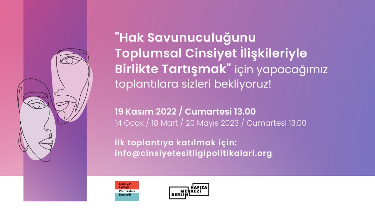 Cinsiyet Eşitliği Politikaları Derneği <a href="/ce_politikalari/">Cinsiyet Eşitliği Politikaları Derneği</a> 
ile birlikte düzenlediğimiz "Hak Savunuculuğunu Toplumsal Cinsiyet İlişkileriyle Birlikte Tartışmak" serisinin ilk oturumu 19 Kasım 2022'de çevrimiçi gerçekleşiyor. 
Kayıt olmak için: info@cinsiyetesitligipolitikalari.org