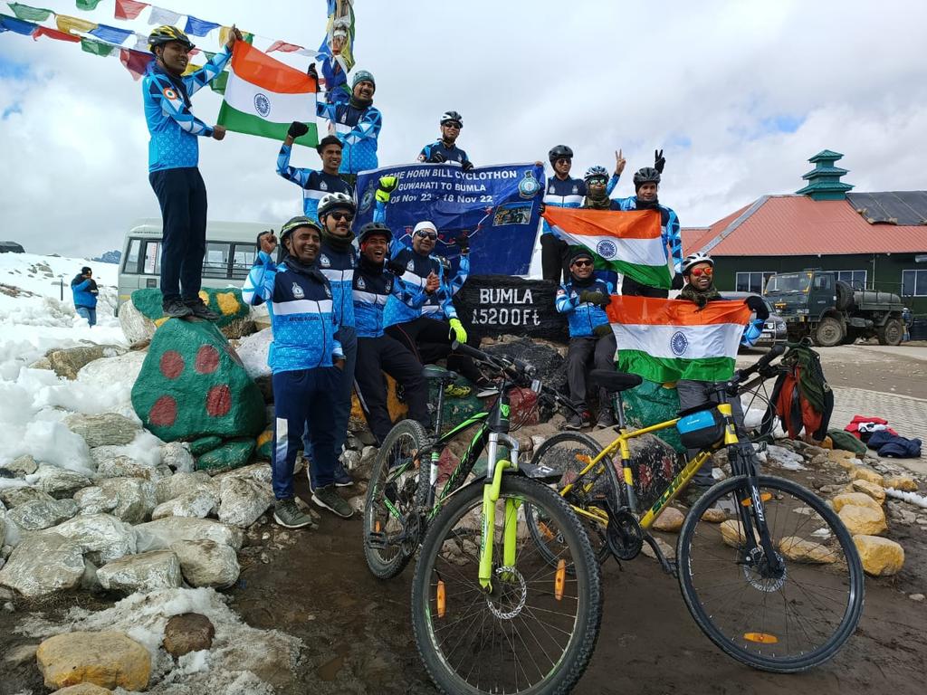 EAC_IAF's tweet photo. EAC,IAF proudly announces the successful completion of Medicos Hornbill Cyclothon from Guwahati to Bumla covering 532 Kms in nine days as a part of  #AzadiKaAmritMahotsav and to promote sportsmanship, camaraderie and good health. #fitindia #terrificthursday https://t.co/31UygrKf4L