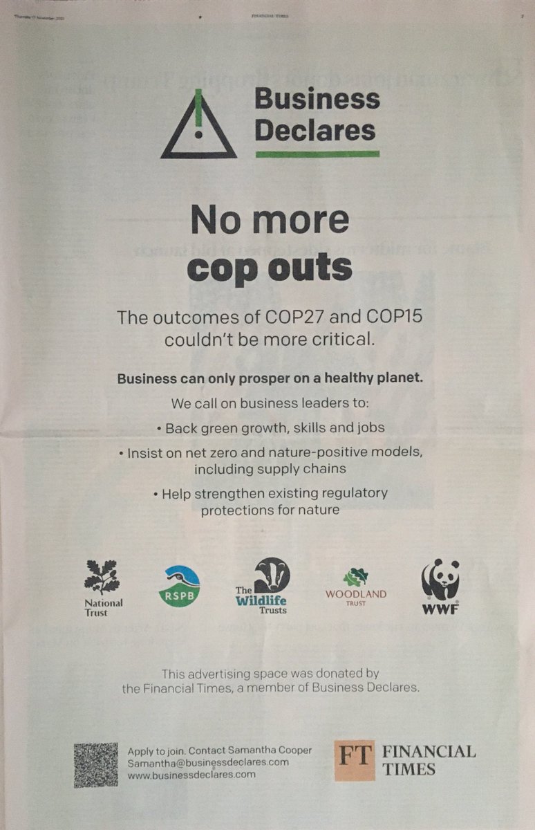 🌍Business can only prosper on a healthy planet. We're proud to be standing alongside our friends at @nationaltrust, @WWF_UK, @Natures_Voice and @WildlifeTrusts for @BizDeclares in @FT today. #COP27