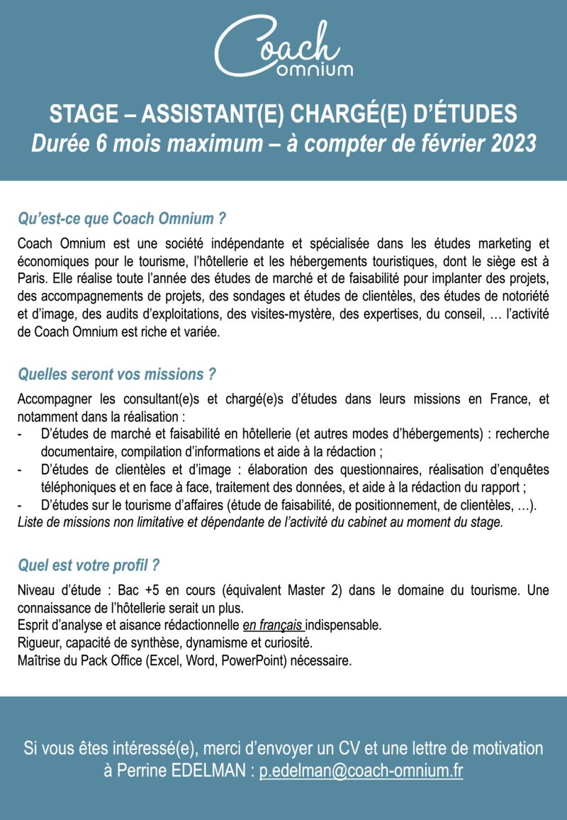 <a href="/CoachOmnium/">Coach Omnium</a> recherche son/sa prochain.e stagiaire ! Envoyez nous votre candidature (CV + lettre de motivation), on vous attend. 
#stage #conseil #marketing #tourisme #hôtellerie #MICE