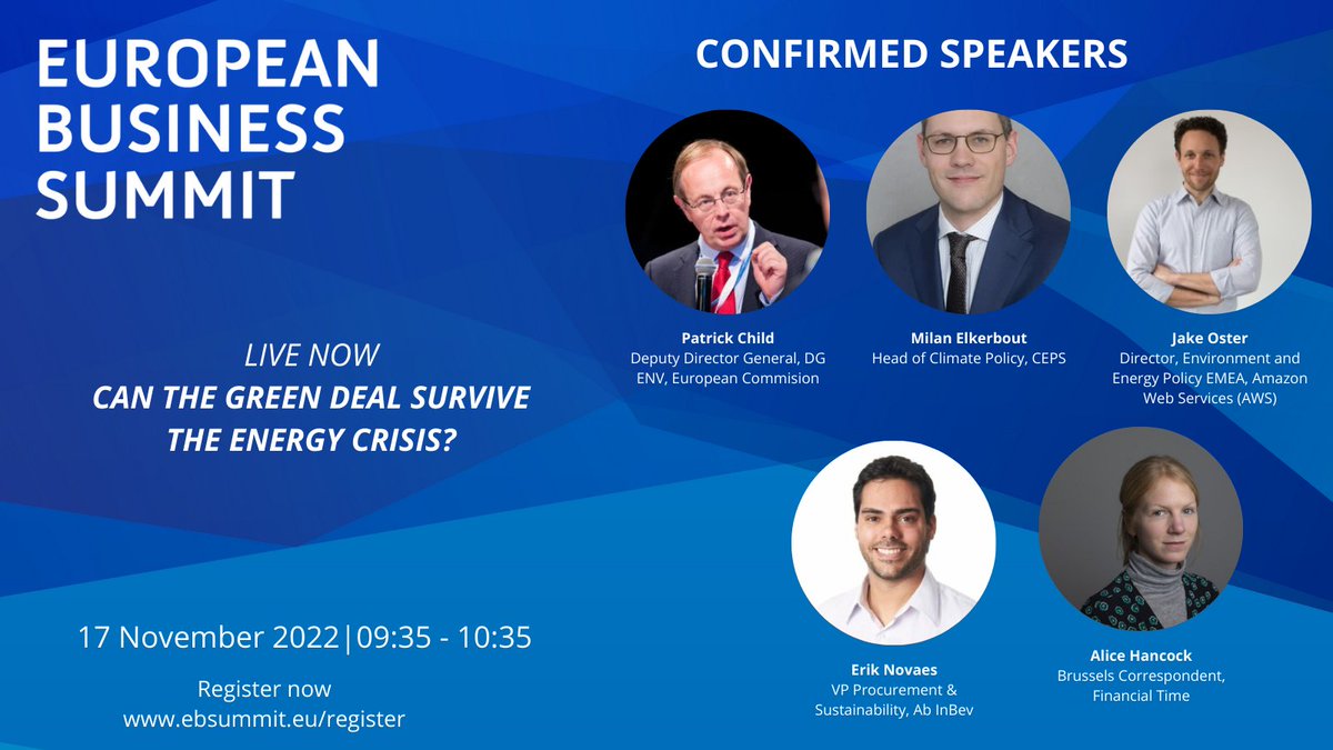 🚨LIVE NOW🚨 Join @childp_child @EU_ENV, @MilanElkerbout @CEPS_thinktank, Jake Oster @AmazonNewsEU, @eriknovaes @abinbev at #EBS2022 to discuss whether the EU #GreenDeal can survive the #EnergyCrisis, moderated by @alicemhancock.