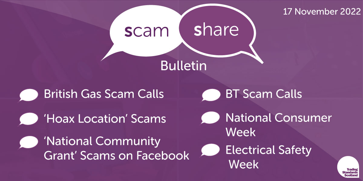 TSScot's tweet photo. In this week's #ScamShare bulletin:

🗨️British Gas Scam Calls
🗨️Online Shopping Scams
🗨️'NCG List' Facebook Scams
🗨️BT Scam Calls: Remote Access
🗨️National Consumer Week #NCWScotland
🗨️#ElectricalSafetyWeek
🗨️Counterfeit Goods Seized

Please read &amp; share➡️https://t.co/SGeBG190MJ https://t.co/eyoDUGygsm