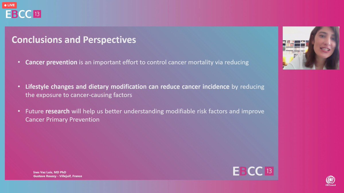 What can I do to prevent the risk of my #breastcancer? 🥗🏃🏼‍♀️🚭 Great presentation by @ines_vazluis at #EBCC13 ➡️obesity is a risk factor in post-menopausal women ➡️alcohol intake is a risk factor ➡️no clear data on diet ➡️Empower your patients to live healthy! @EORTC @OncoAlert