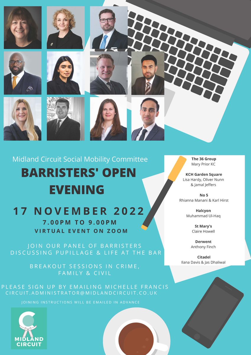 KCH Garden Square (@kch_gardensq) on Twitter photo Three of our barristers will be on the panel at tonight's <a href="/BarForAll/">Midland Circuit Social Mobility Committee</a> event, discussing pupillage and life at the bar with aspiring barristers.
It’s not too late to sign up, joining details below. Three of our barristers will be on the panel at tonight's <a href="/BarForAll/">Midland Circuit Social Mobility Committee</a> event, discussing pupillage and life at the bar with aspiring barristers.
It’s not too late to sign up, joining details below.