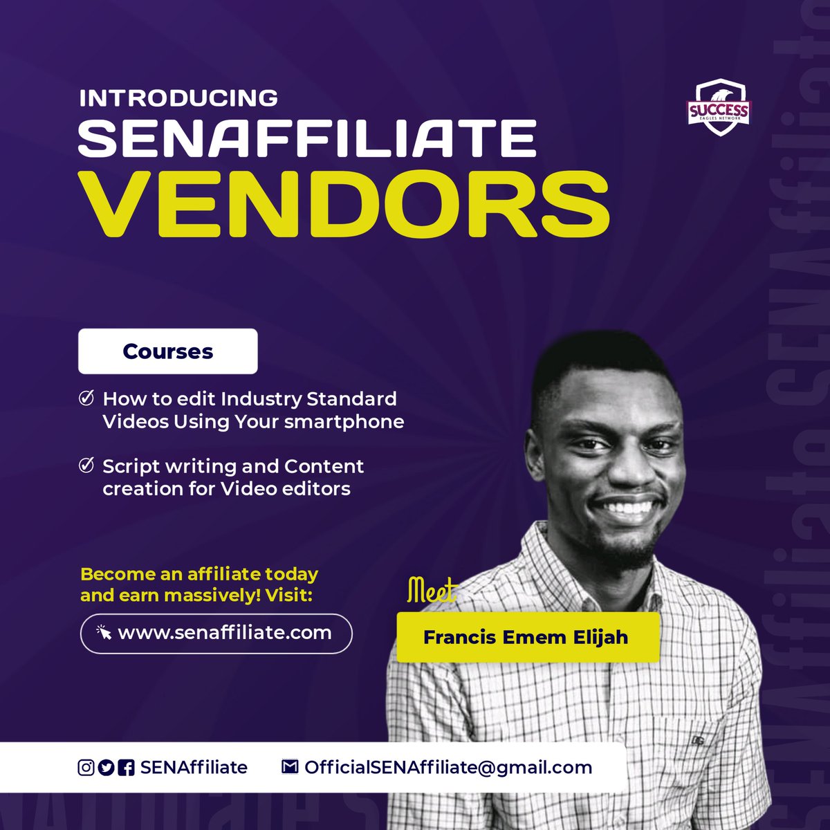 SENAffiliate's tweet photo. Let's welcome some of our vendors
Francis Elijah.
#digitalskill #affiliatemarketing #SENAffiliate #sales #Money #Business https://t.co/DRT3fpC6lx
