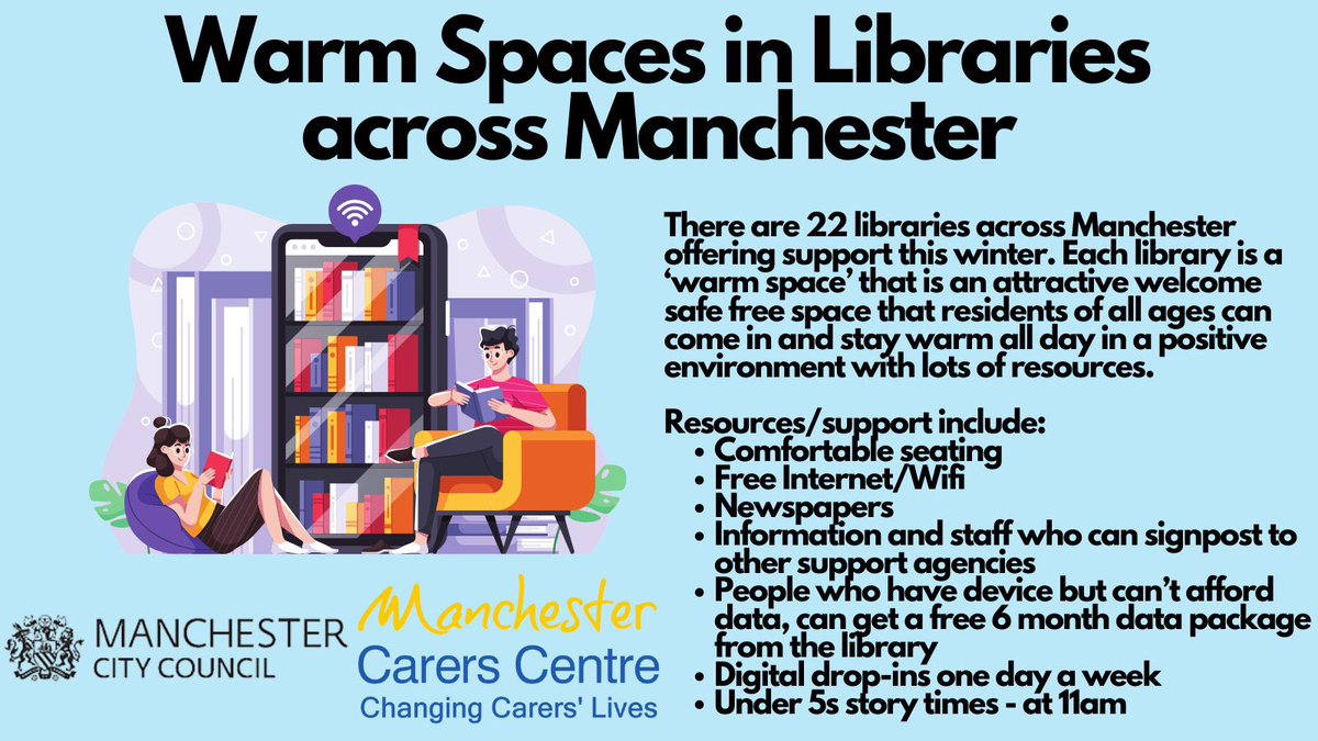 All Manchester Libraries are warm spaces providing a safe, free space for all residents this Winter. Including hot drinks, social clubs, family activities, free Wi-Fi and support. Find out more in the blog below. @ManCityCouncil @macinnes_neil @bevcraig manclibraries.blog/2022/11/16/war…