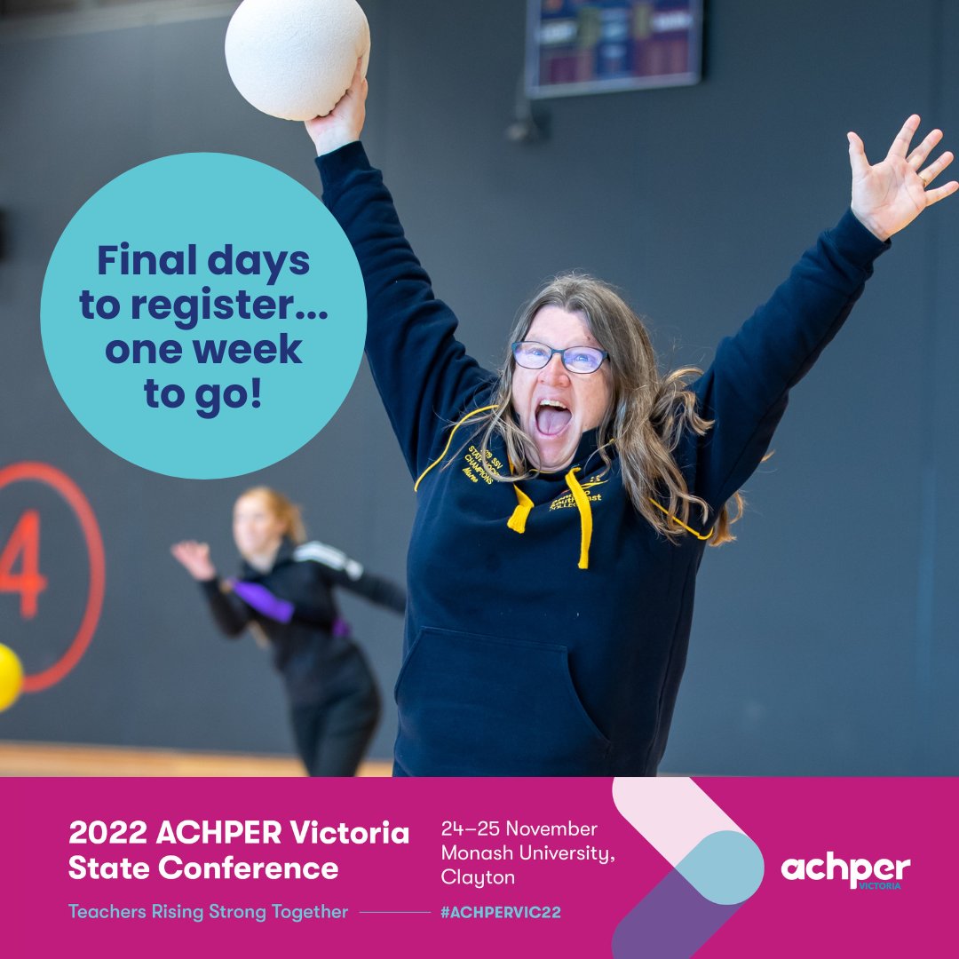 One week to go before we welcome over 600 delegates, presenters, volunteers and exhibitors to #ACHPERVIC22 at Monash University, Clayton. We can't wait to see our amazing #HPE teachers in person again! There's still time to register, head to: bit.ly/3PQtLAN