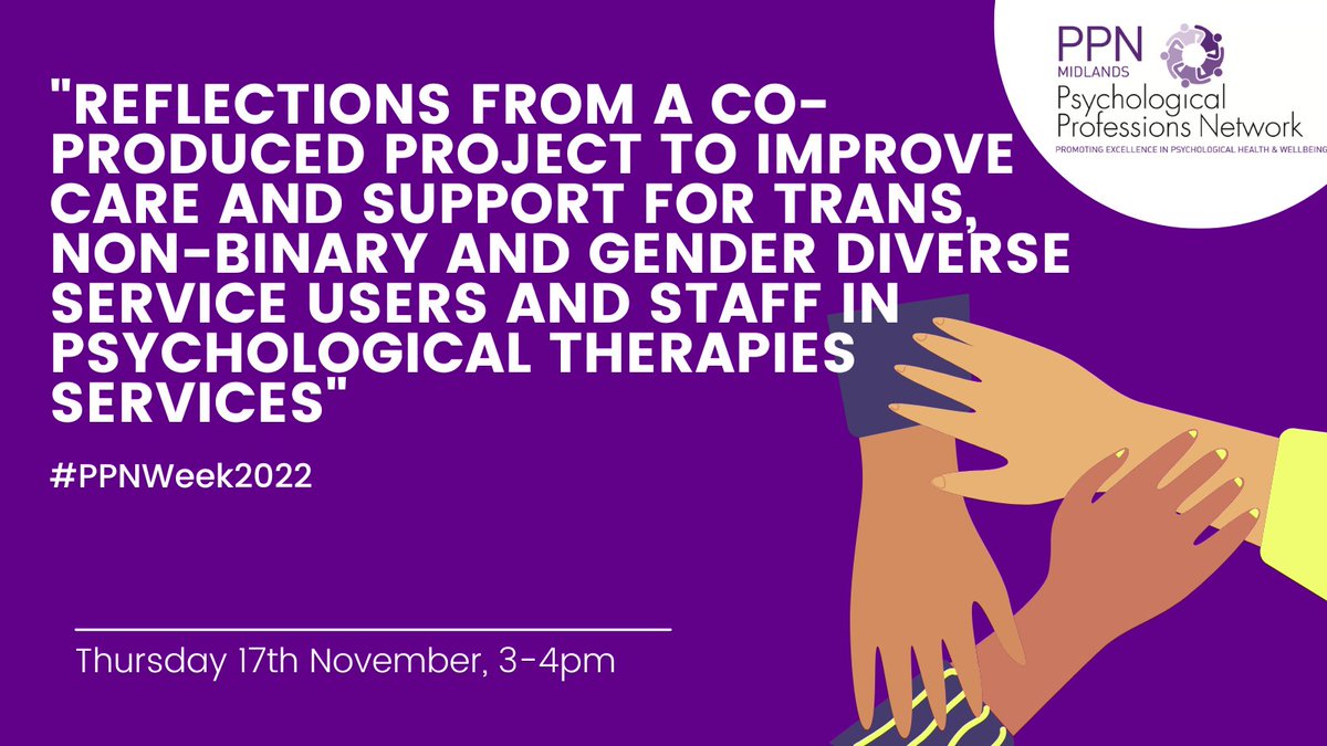 PPNMidlands's tweet photo. Today marks day 4 of #PsychologicalProfessionsWeek2022 and our final regional session for the week 🚀

"an innovative project which aims to improve support to trans, non-binary, gender diverse &amp; gender questioning service users &amp; staff"

Register here👉https://t.co/E6YC8MQmAF https://t.co/mTxLa1gdLi