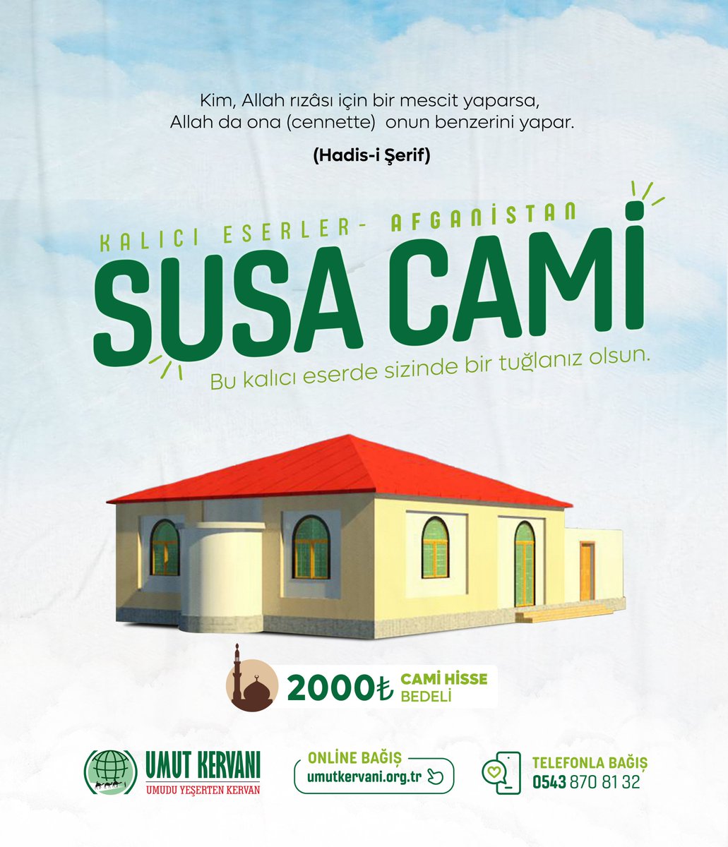 umutkervanivkf's tweet photo. Kim, Allah rızâsı için bir mescit yaparsa, Allah da ona (cennette) onun benzerini yapar. (Hadis-i Şerif)

Afganistan'da SUSA CAMİİ inşa ediyoruz.

Bu kalıcı eserde sizin de bir tuğlanız olsun.

🕌Hisse bedeli: 2000 TL

📱:0543 870 81 32
🌐:https://t.co/qlLfhNZxPt https://t.co/EhnSL6a2ld